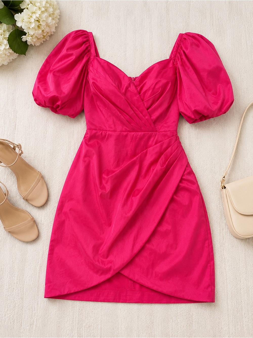 Lulu's Fuchsia Puff-Sleeve Faux-Wrap Mini Dress